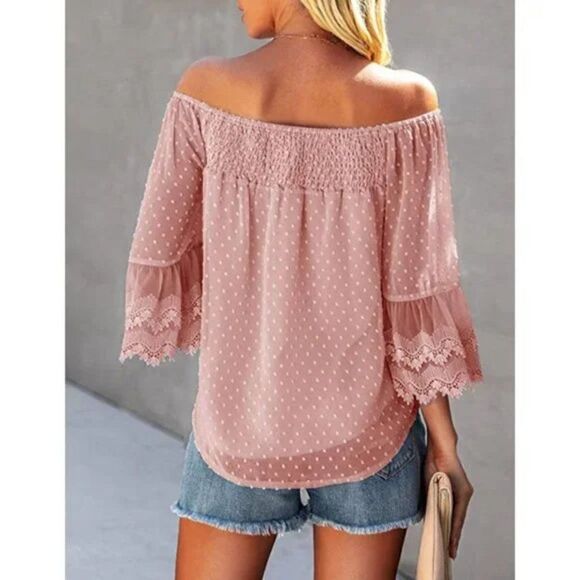 Blush Pink Off Shoulder 3/4 Bell Sleeve Ruffle Polka Dot Blouse Top - Picture 3 of 6